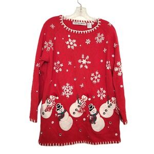 Vtg Michael Simon Red Christmas Snowman SMALL Holiday Sweater Teacher Maximalist